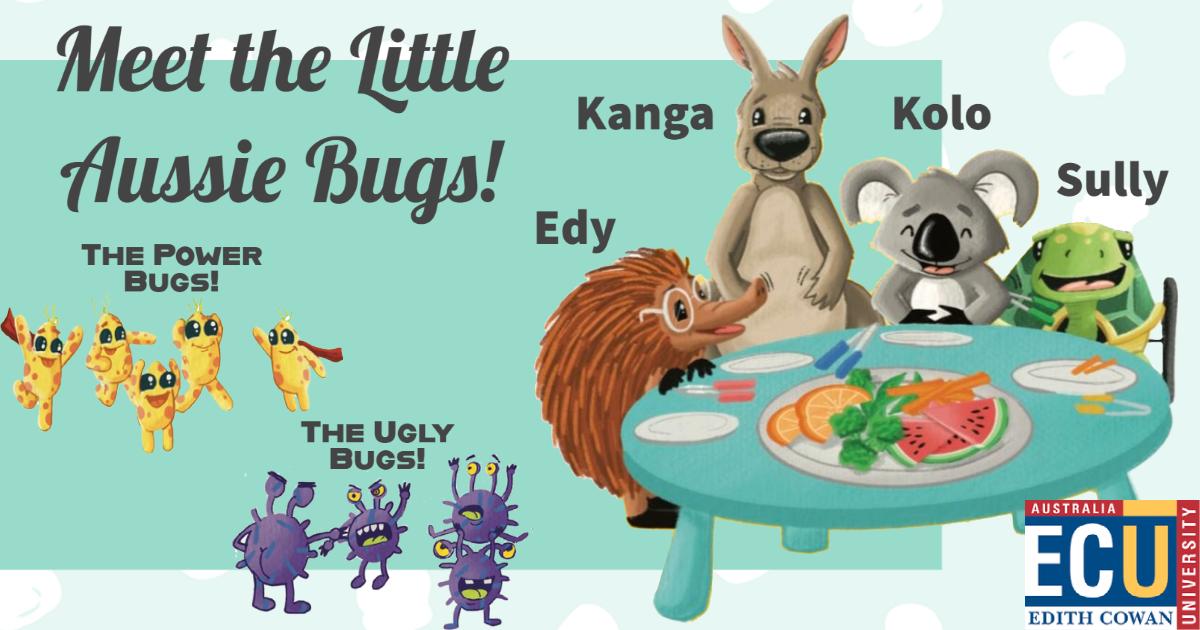 Echidna, kangaroo, koala and turtle with power bugs and ugly bugs, eating at a table